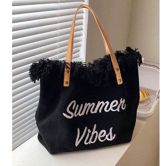 Luxe Vegan Leather Straps Summer Vibes Large Travel Beach Bag - Picture 8 of 10